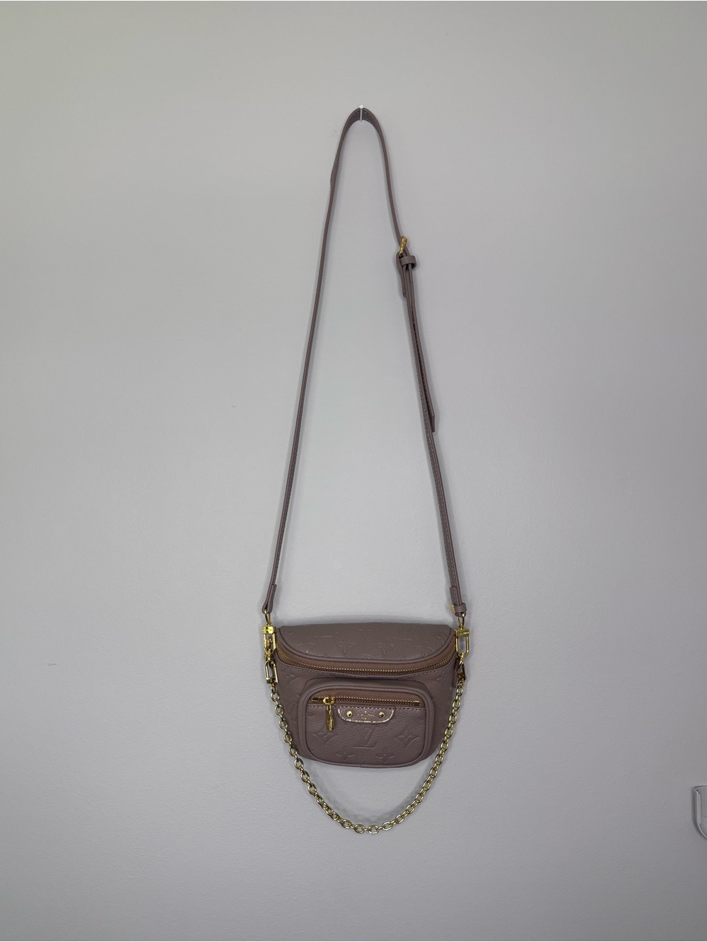 Taupe monogram faux leather bum bag bag with gold chain